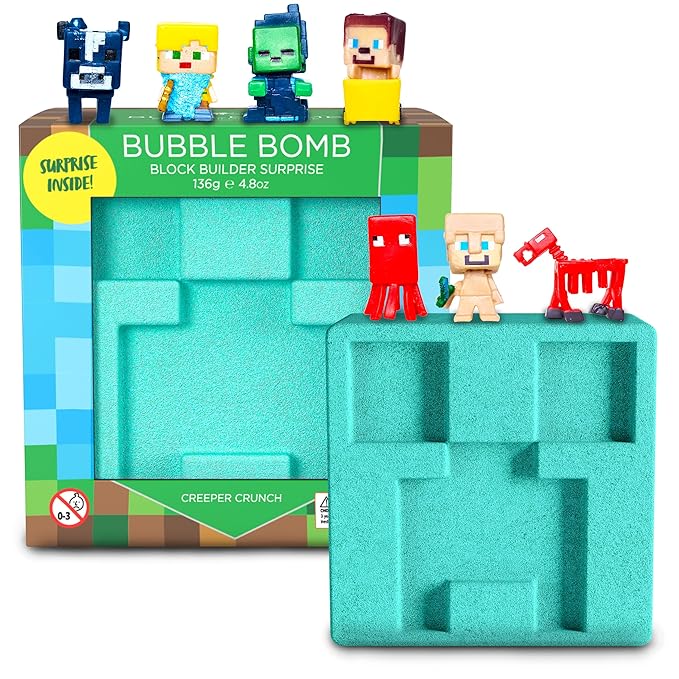 TNT Creeper Bath Bomb for Kids with Block Builder Surprise Figure Inside (1 Pack) – Large Fizzy Bubble Mine Bomb for Boys & Girls – Fruity Scent, Skin-Safe, Made in USA - by Two Sisters
