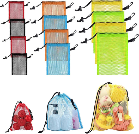 12 Pieces 6 color Mesh Bags with Clips Nylon Mesh Bag Mesh Drawstring Stuff Bag with Cord Lock for Collecting Toys Laundry Sports Gym Beach Travel