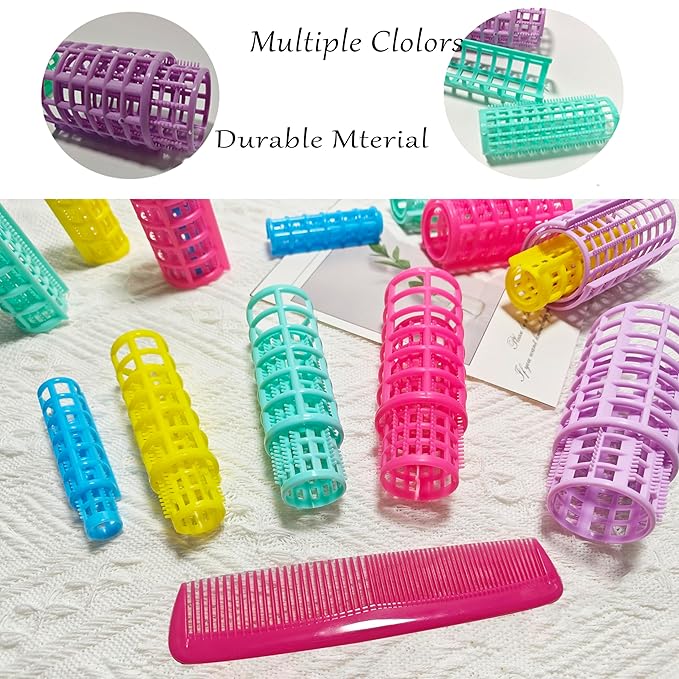 30Pcs Plastic Hair Curlers Set, Snap on Rollers Self Grip Heatless Rollers Hairdressing Curlers No Heat Curlers for Long Medium Short Thin Fine Hair with Mini Comb (5 Sizes) ﻿