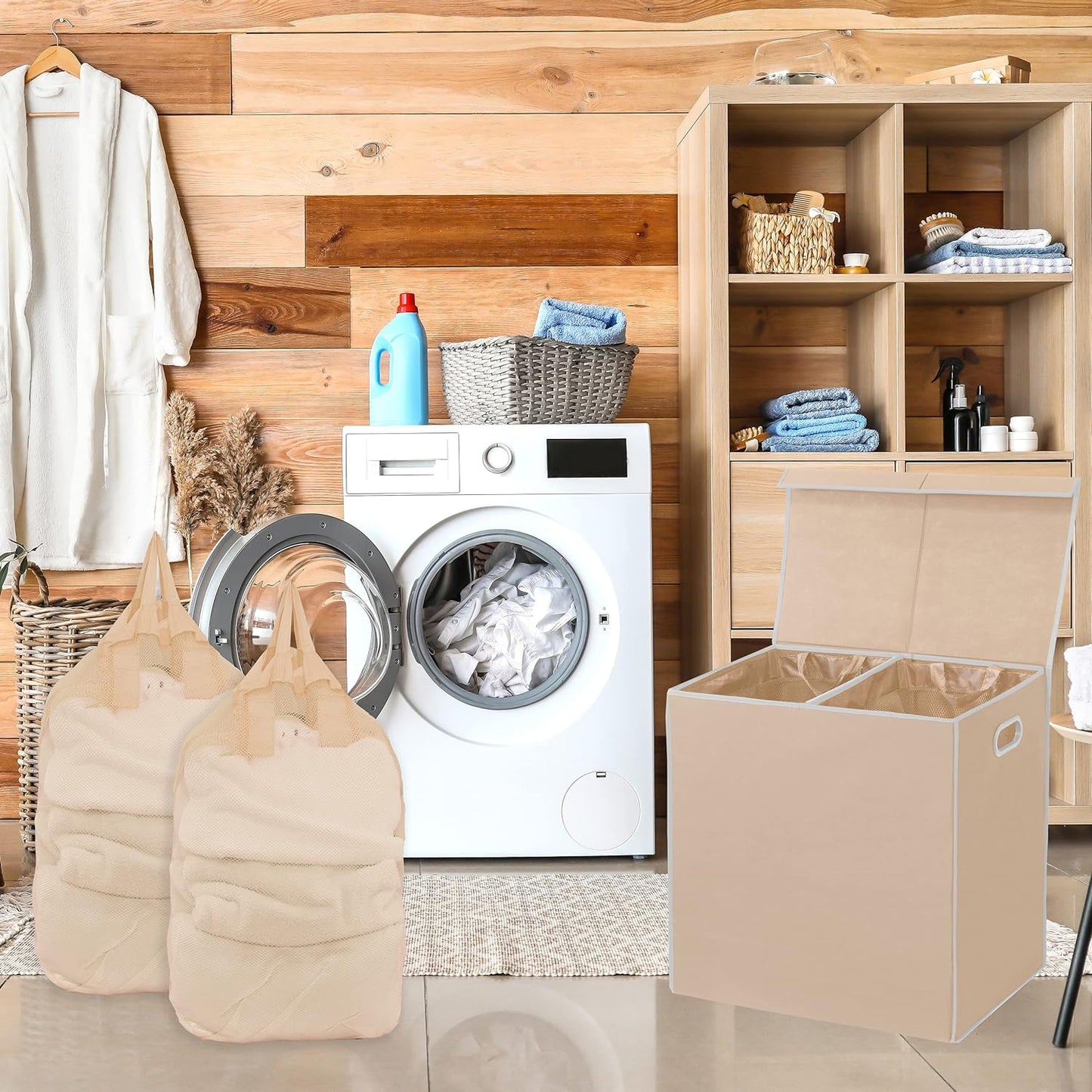 Simple Houseware Double Laundry Hamper with Lid and Removable Laundry Bags, Beige