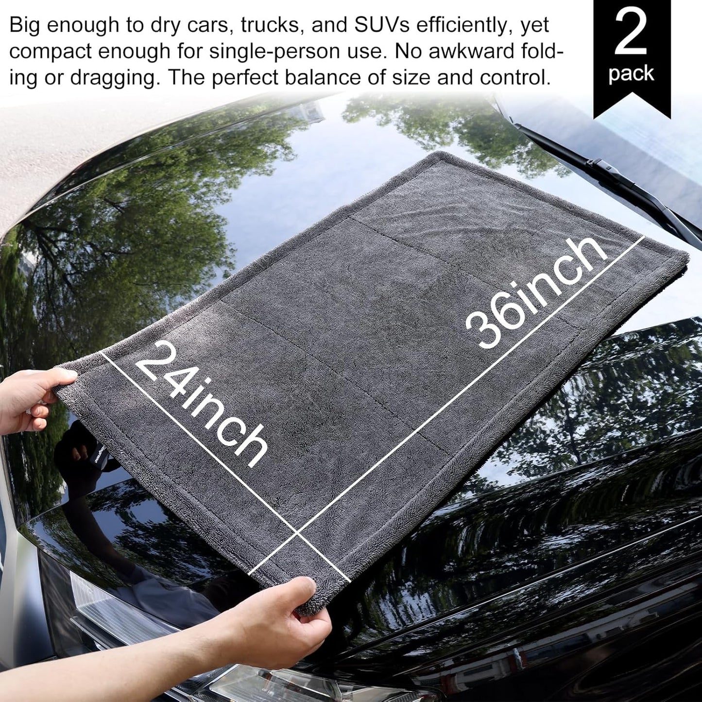2 Pack XL Car Drying Towel – 1300GSM Ultra Absorbent Microfiber, 24"x36" Large Size, Twisted Loop, Lint-Free & Streak-Free for Auto Detailing, Car, SUV, Truck (Gray-Gray)