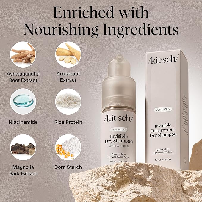 Kitsch Volumizing Rice Protein Dry Shampoo Powder - Dry Shampoo for Women & Men, No White Cast, Absorbs Oil, Non-Greasy, For Light-to-medium Hair Colors, Travel Size in Pump Form - Invisible 1oz