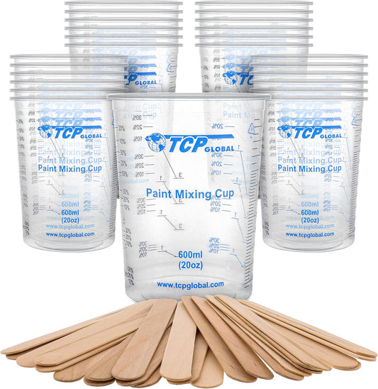 TCP Global 20 oz. (600ml) Graduated Plastic Mixing Cups - Box of 25 with 25 Mixing Sticks - Disposable Plastic Measuring Cups for Liquids, Paints, Resin, Epoxy, Art, Kitchen - Ratios 2-1, 3-1, 4-1 ML