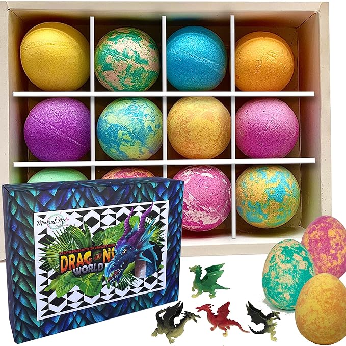 Bath Bombs for Kids with Surprise Inside - 12 Organic Bubble Bath Fizzies with Dragon Egg Toys. Gentle & Kids Friendly w/Rich Bubbles & Rainbow Colors, Birthday Gifts for Boys, Girls