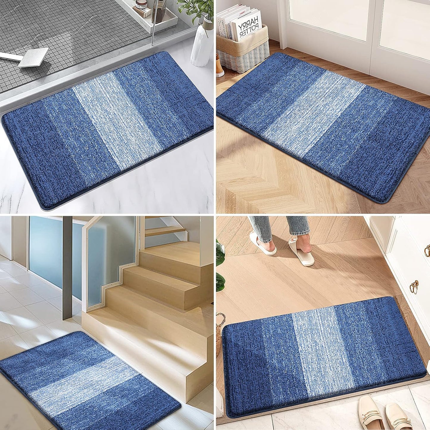 Kitinjoy Indoor Outdoor Door Mat, 24x16 Non-Slip Absorbent Dirt Trapper, Low-Profile Washable Inside Entrance Front Floor Mat, Sturdy Soft Entry Doormats for Entryway, Navy Blue