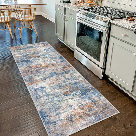 IOHOUZE Abstract Runner Rug 2x7 Ft Washable Runners for Hallways, Non Slip Kitchen Runner Printed Faux Wool Entryway Runners Indoor, Modern Abstract Floor Carpet for Hall Kitchen Bedroom, Blue Rust