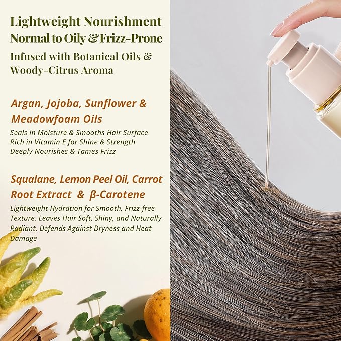 Leave-In Hair Oil with Sandalwood & Bergamot Essential Oils – Lightweight Frizz Control, Shine Enhancer & Heat Protection for Daily Hair Care – No-Rinse Oil, 3.4 fl oz (100ml)