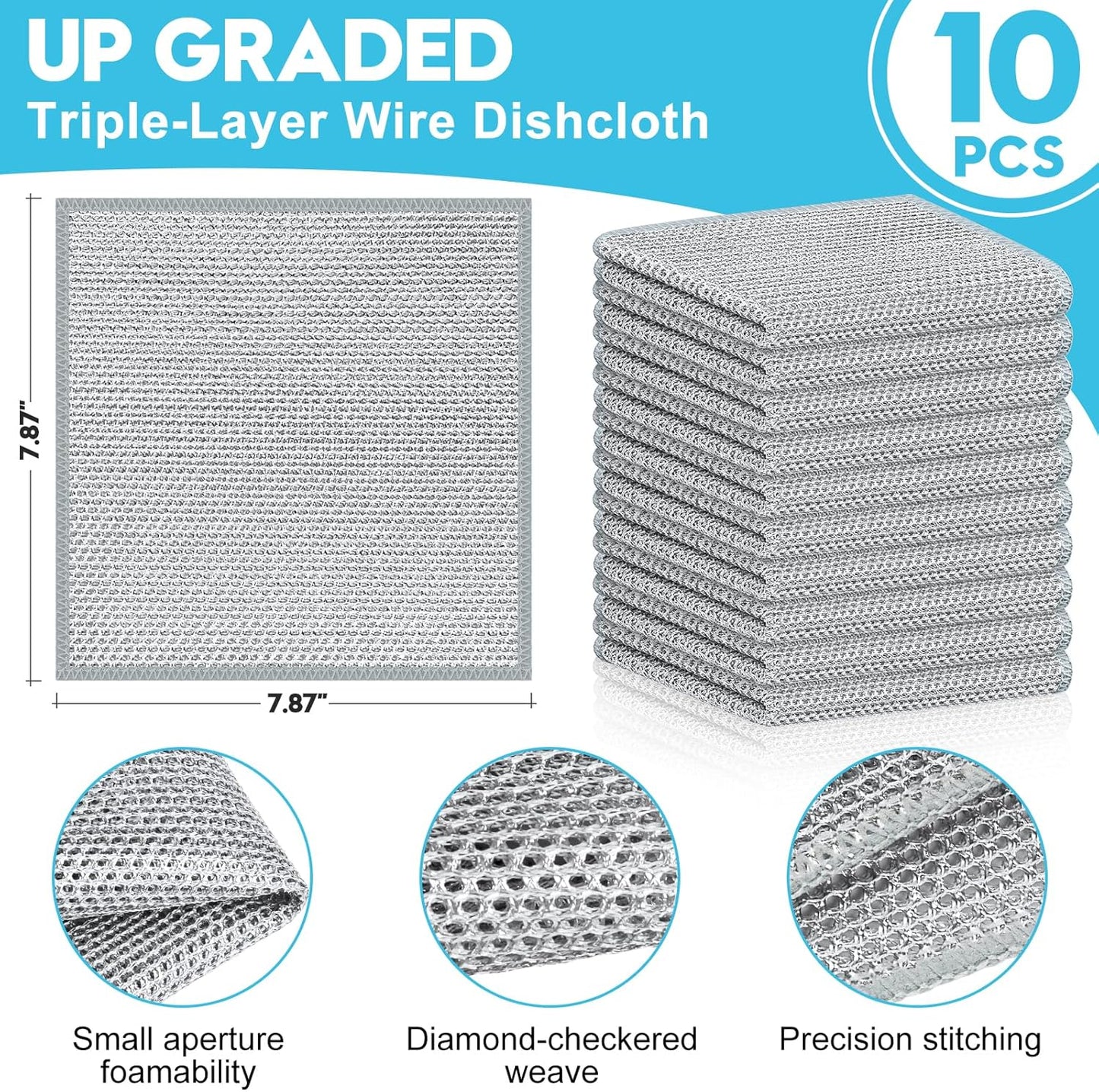 10 Pcs New Upgraded 3 Layers Non Scratch Wire Dishcloth, Multipurpose Wire Dishwashing Rags, Wet & Dry for Cookware, Sinks, Dishes, Stoves & Fireplaces 7.87“ x 7.87”