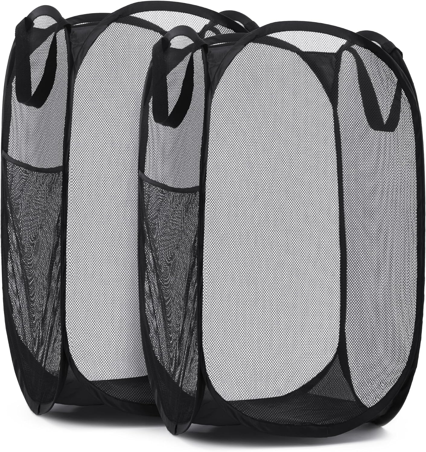 Handy Laundry Collapsible Mesh Pop Up Hamper with Wide Opening and Side Pocket - Breathable, Sturdy, Foldable, and Space-Saving Design for Clothes and Storage (Black | 2-Pack)