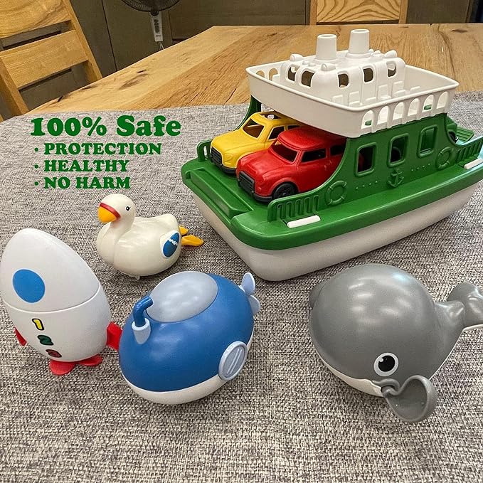 Ferry Boat with 4 Car and 4 Wind Up Bath Swimming Toys, Kids Bath Toy Floating Vehicle Whales Submarines Swans Rockets, Bathtub Bathroom Pool Beach Toy Set for Toddlers Boys Girls