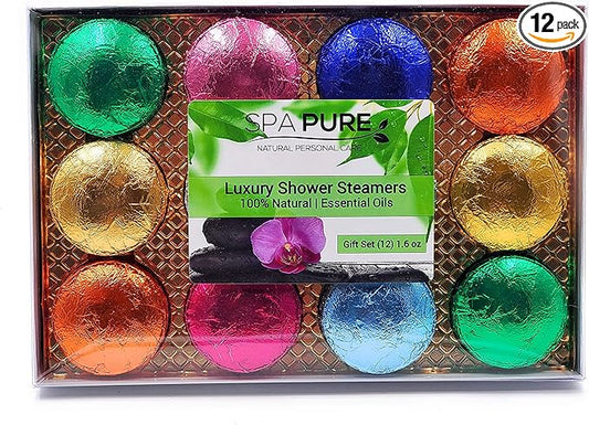 Spa Pure Shower Bombs: New SCENTS Rejuvenating Steamers Aromatherapy Tablets, Bomb, Vaporizing Steamer Soothers Bath Melt for Women, Men, Natural Organic Large Cosmetic Fizzies (12 Count) Pack of 1