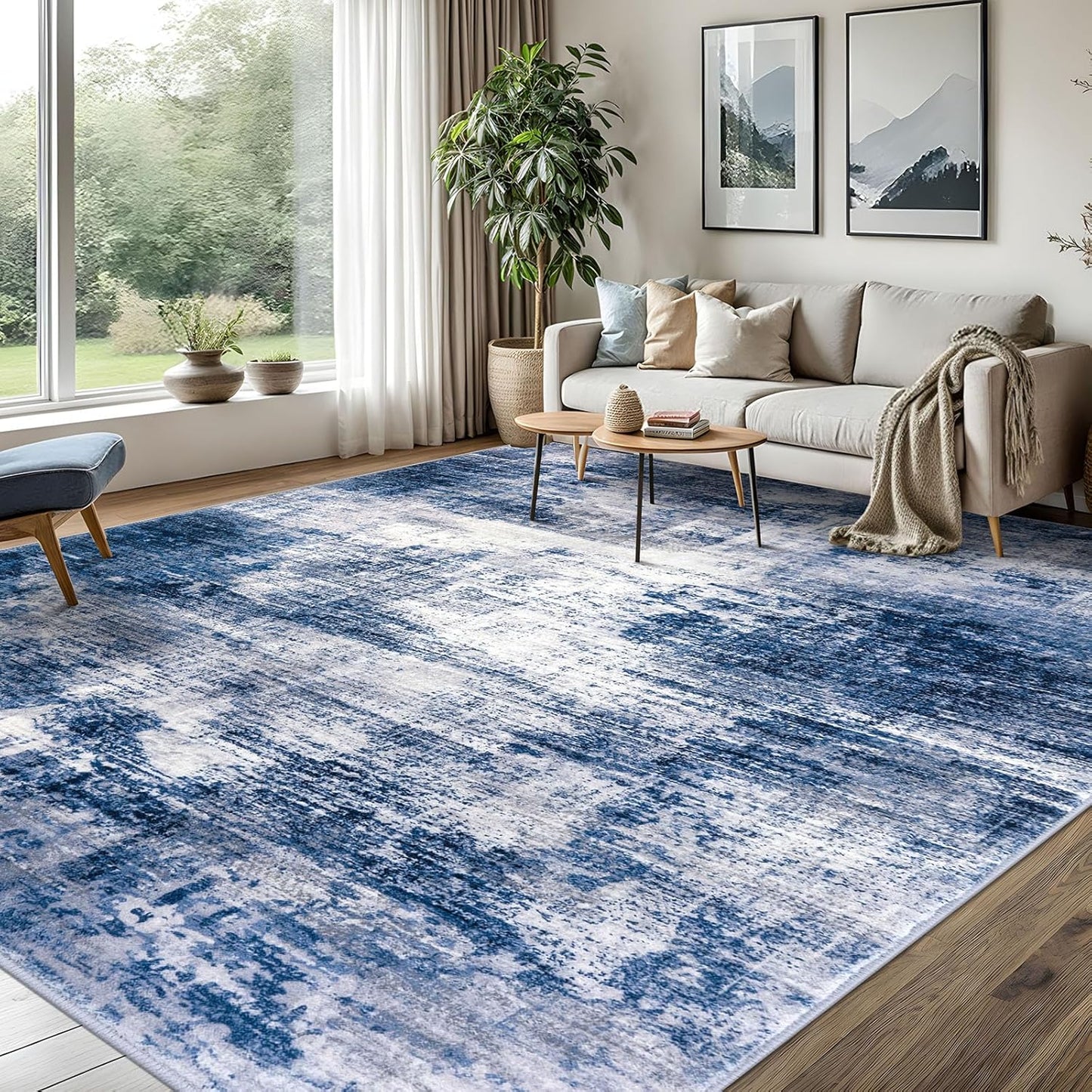 IOHOUZE Abstract Area Rugs 8x10 Ft Washable Large Rugs for Living Room, Non Slip Dining Room Rug, Printed Faux Wool Rugs for Bedroom, Floor Carpet for Office Nursery Playroom, Navy/Grey