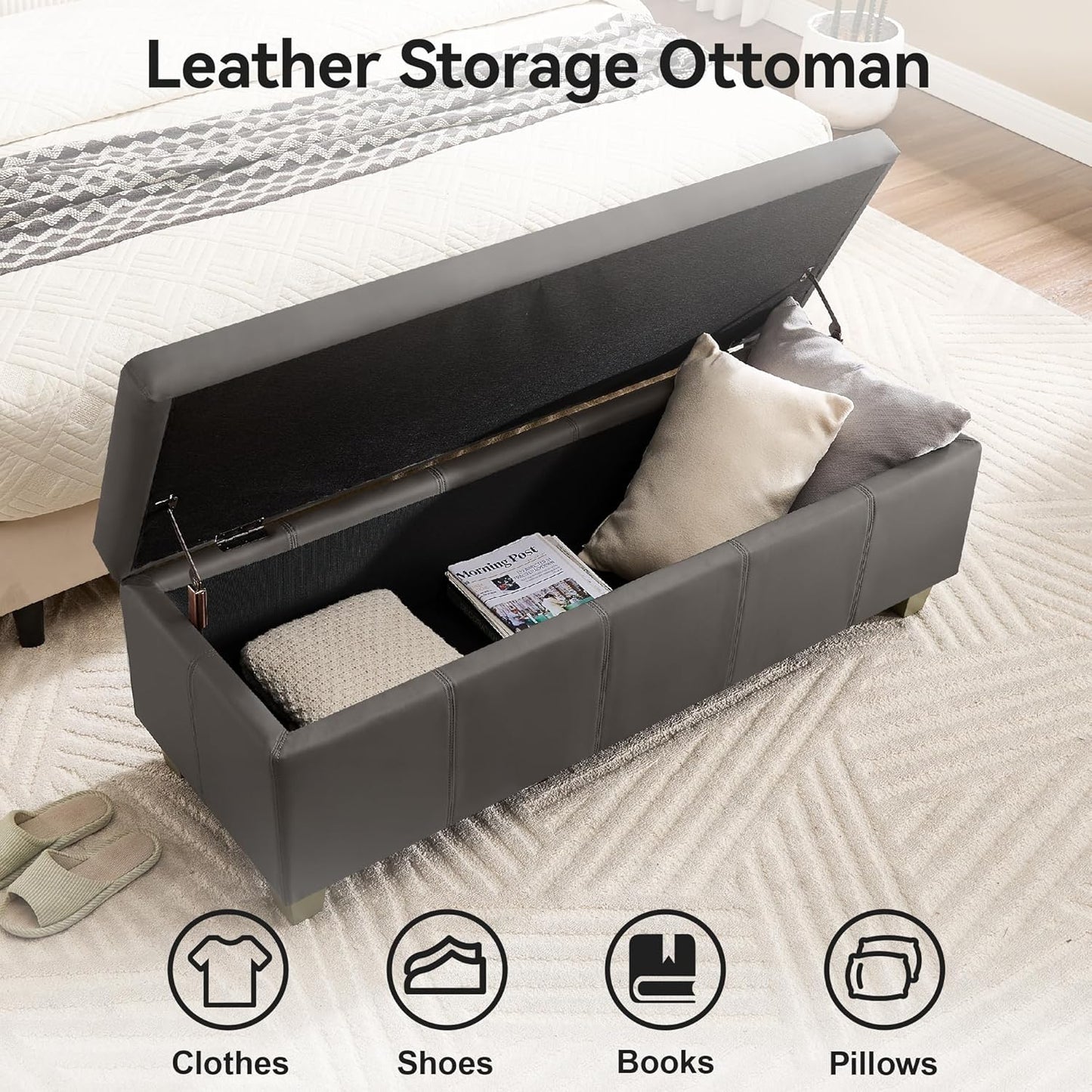 41" Faux Leather Storage Ottoman, Stitch Tufted Rectangle Upholstered End of Bed Storage Bench, Entryway Large Couch Ottoman with Wooden Legs,Dark Grey