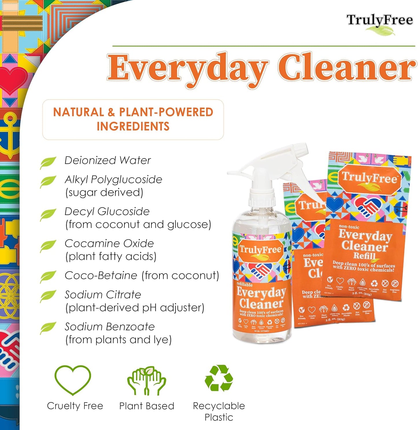Truly Free Everyday Cleaner - Multipurpose Cleaner Spray, Kitchen Counter Cleaner, Natural Cleaning Products, Multi-Surface Household Solution, 1 Empty Bottle Spray (16oz) & 2 Refills (3oz each)