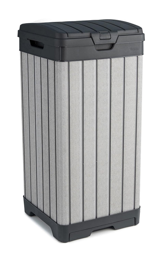 Keter Rockford Resin 38 Gallon Outdoor Kitchen Trash Can with Lid and Drip Tray for Easy Cleaning-Perfect for Patio Dining, Grey