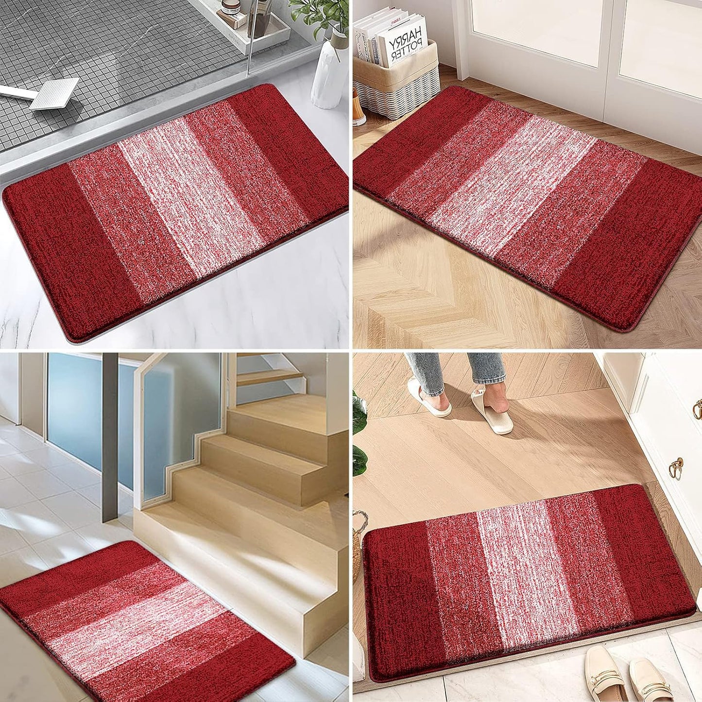 Kitinjoy Indoor Outdoor Door Mat, 59x36 Non-Slip Absorbent Dirt Trapper, Low-Profile Washable Inside Entrance Front Floor Mat, Sturdy Soft Entry Doormats for Entryway, Burgundy