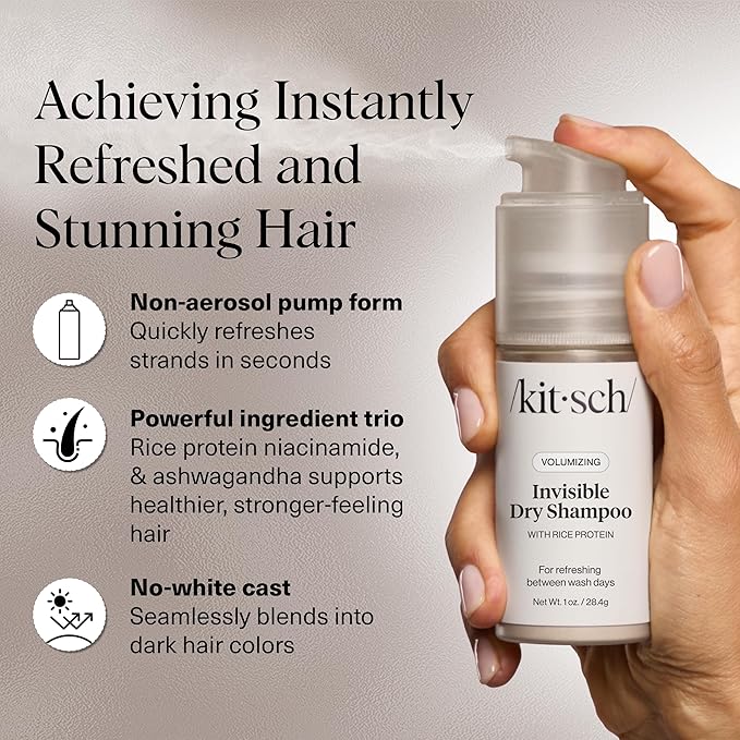 Kitsch Volumizing Rice Protein Dry Shampoo Powder - Dry Shampoo for Women & Men, No White Cast, Absorbs Oil, Non-Greasy, For Light-to-medium Hair Colors, Travel Size in Pump Form - Invisible 1oz