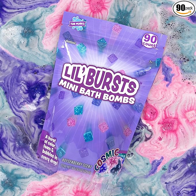 Tub Works Lil' Bursts Mini Bath Bombs for Kids, 90 Count, Cosmic | Nontoxic | Tiny With A Burst of Color, Foam & Bubbles | Customize With Fun Colors | Create Bath Art