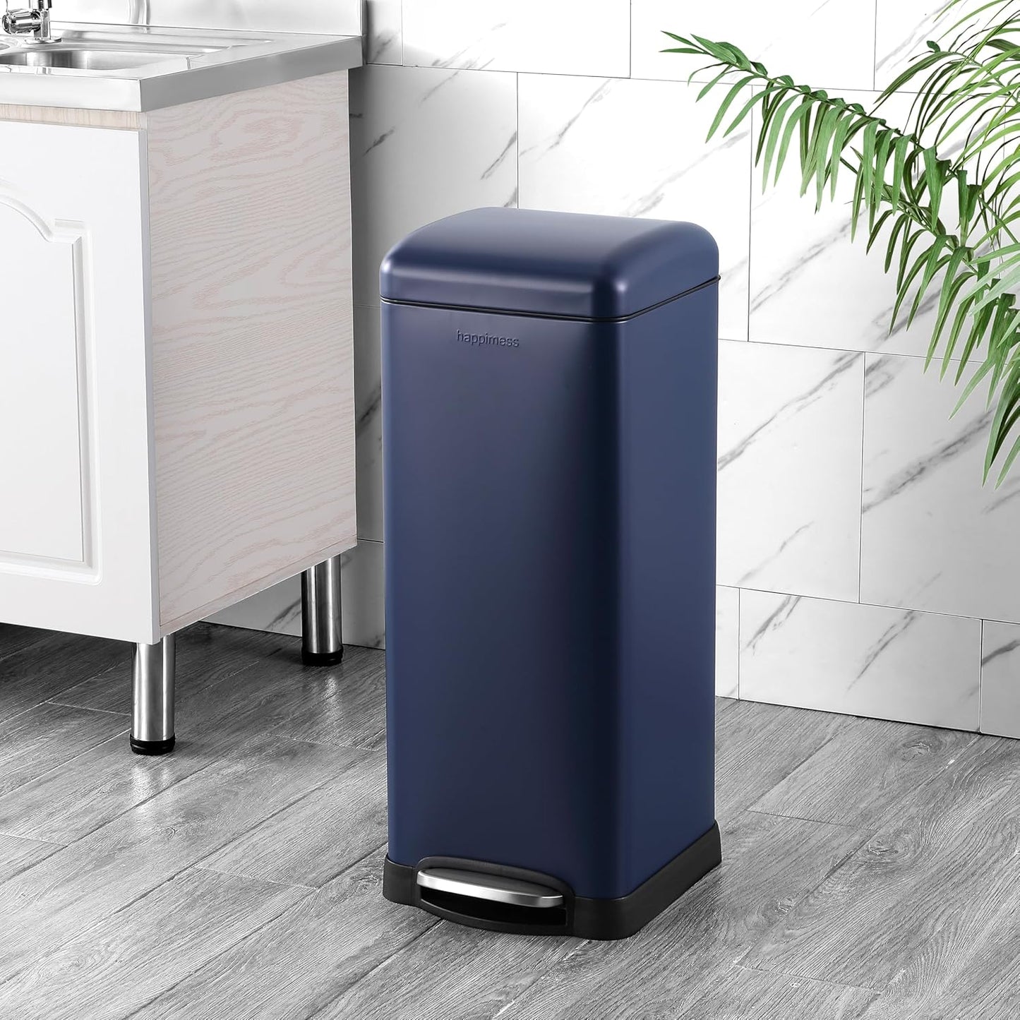 happimess HPM1007H Betty Retro 8-Gallon Step-Open Trash Can, Fingerprint Resistant, Modern, Minimalistic for Home, Kitchen, Laundry Room, Office, Bedroom, Bathroom, Denim Blue