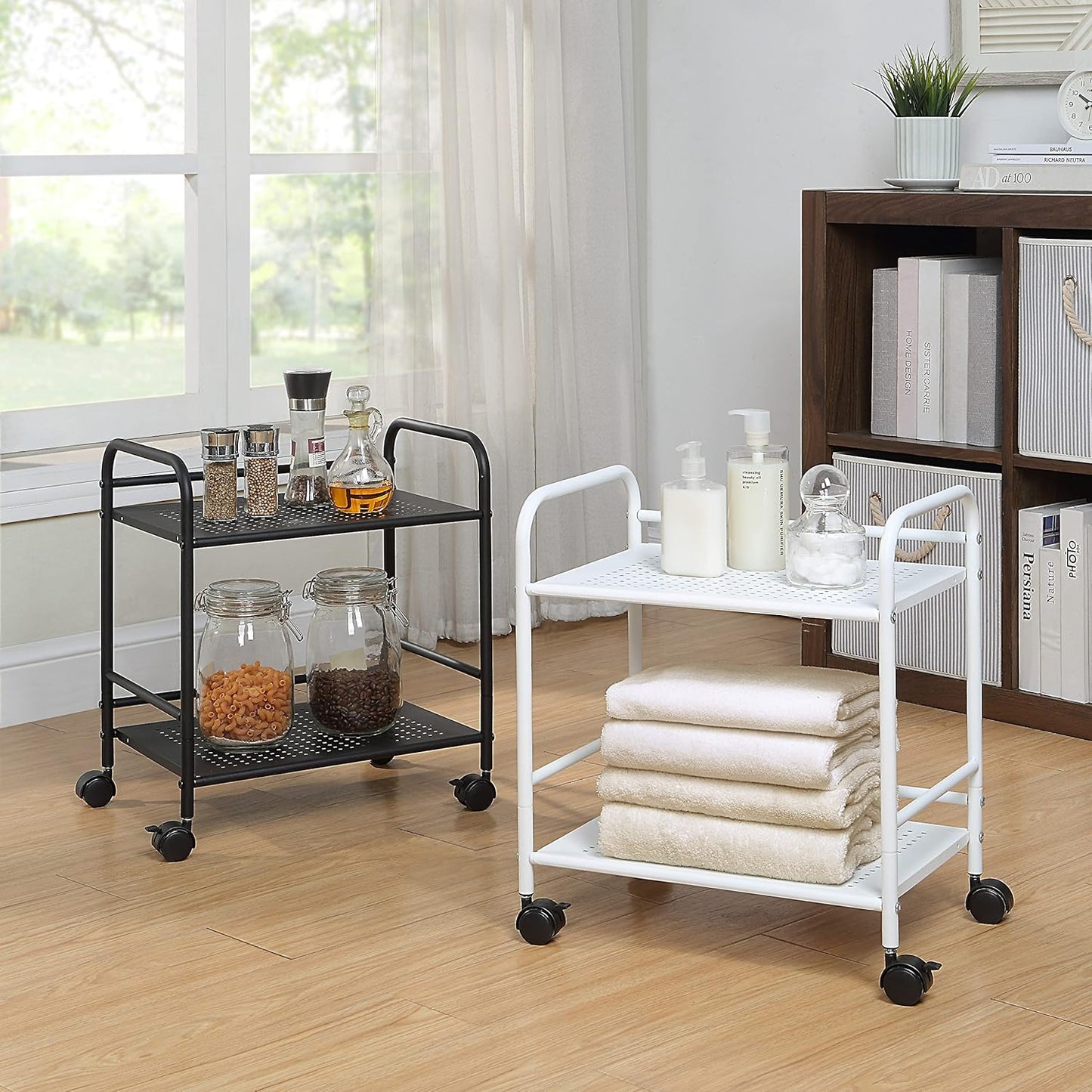 SunnyPoint 2-Tier Metal Rolling Utility Cart – Mobile Storage Shelf with Caster Wheels – Small Space Organizer for Home, Office, Bedroom, Kitchen (BLK)