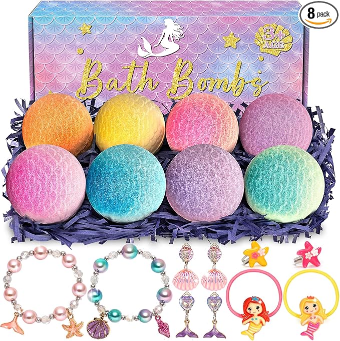8 Packs Mermaid Bath Bombs for Kids Girls, Bubble Bath Bomb Kit with Surprise Toys Inside, Bath Toys for Kids Aged 4-8, Ideal Birthday Christmas Gifts Stocking Stuffers for Girls 3 4 5 6