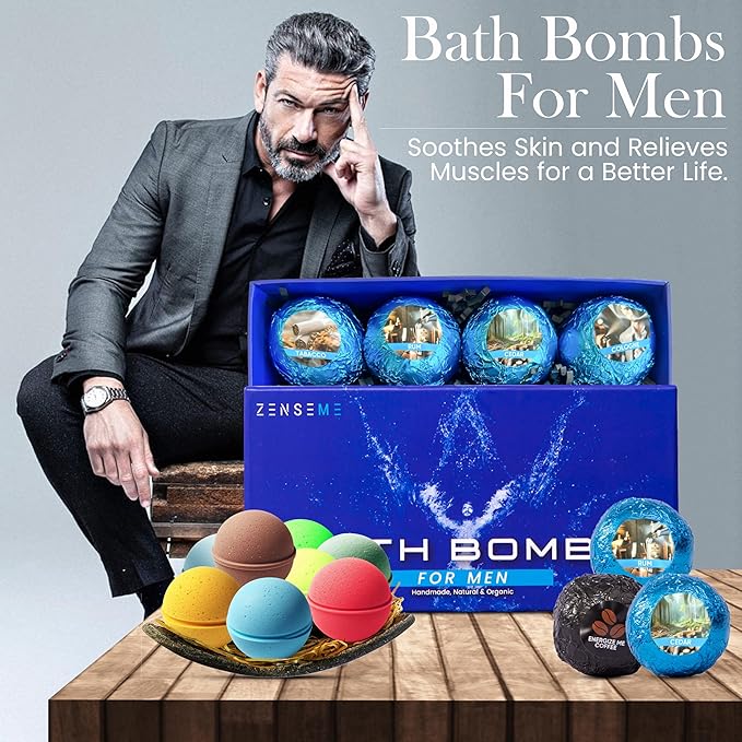 Bath Bombs for Men - Mens Relaxing Bath Bombs Gift Set - Organic with Masculine Scents for Him - 2.5 Oz Each - Gift Set of 8 Scented with Natural Essential Oils for Boyfriend, Husband or Father