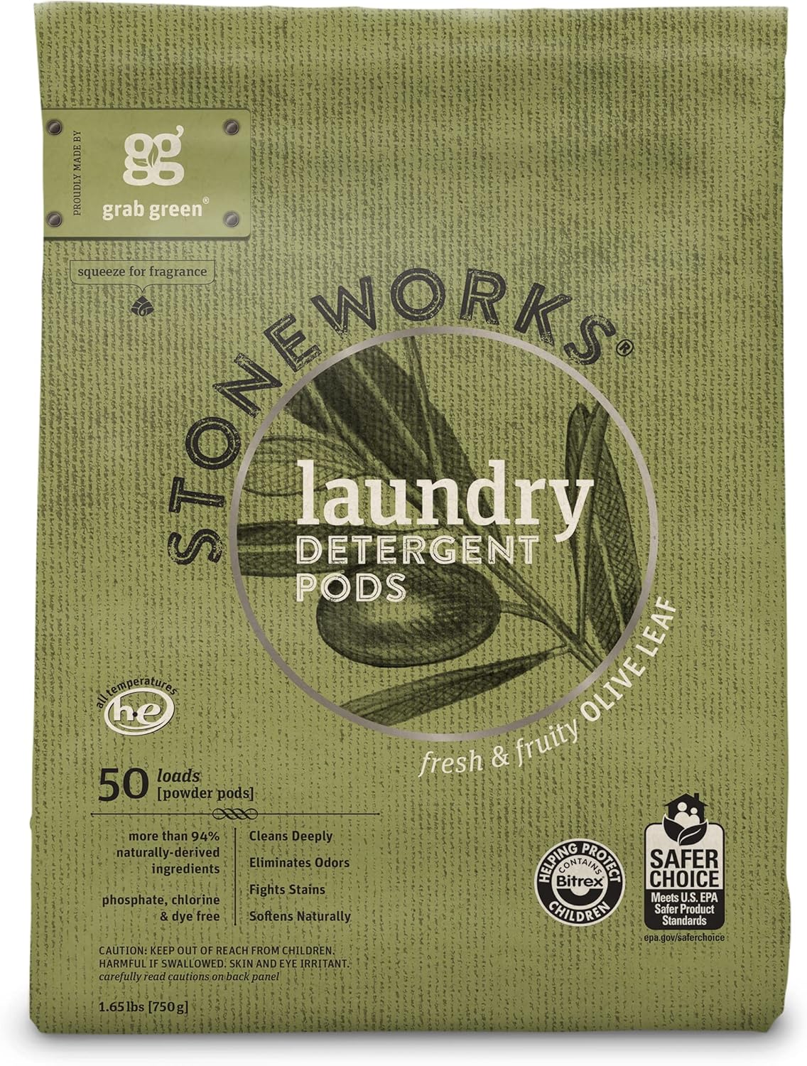 Grab Green Stoneworks Laundry Detergent Pods and Dryer Sheet Bundle, 50 Count Pods and 80 Dryer Sheets, Olive Leaf Scent, Plant and Mineral Based Laundry Care Set