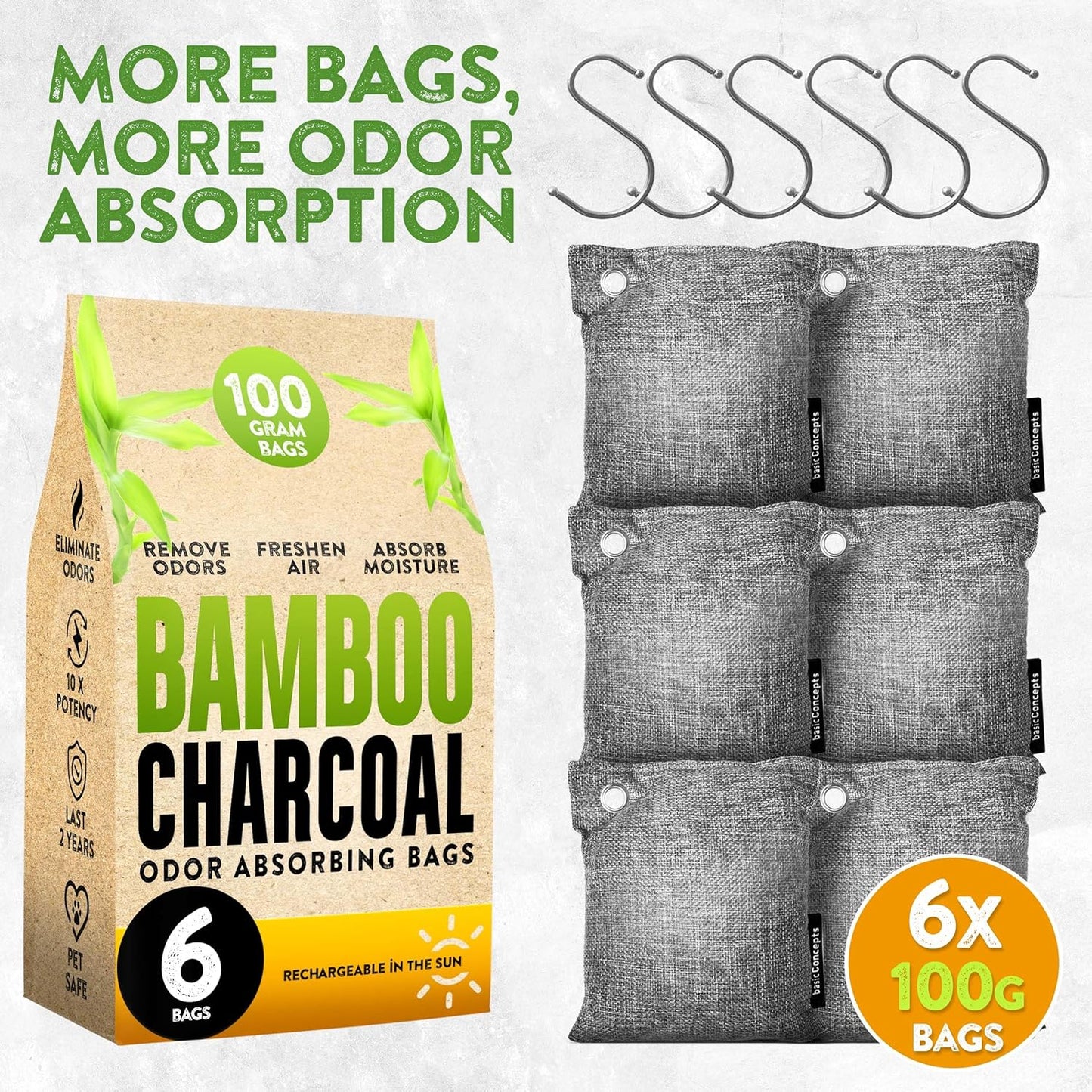 Charcoal Odor Absorber for Strong Odor (6 Pack, 100g each), Bamboo Charcoal Air Purifying Bag, Basement Musty Odor Eliminator Deodorizer, Activated Charcoal Odor Absorber for Closet, Shoe, Car