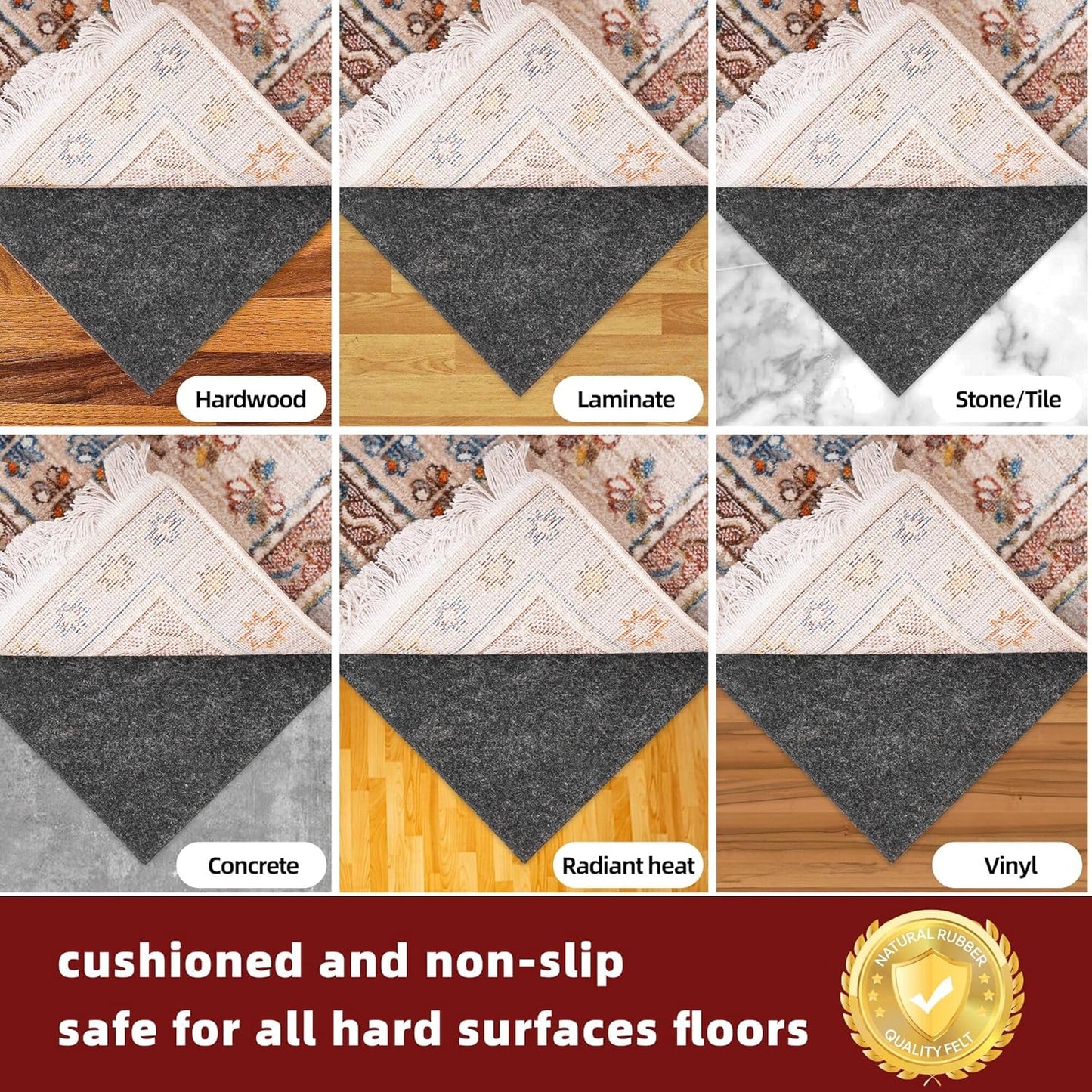 BAGAIL Felt and Natural Rubber Backing Rug Pads 1/8” Thick, 8 x 10 Ft Non Slip Rug Gripper Keep Rugs in Place, Under Area Rug Protective Cushioned Pads, Carpet Runners, Hardwood Floors Protection