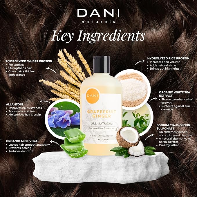 DANI Naturals Sulfate-Free Shampoo - Grapefruit Ginger – Detoxifying & Clarifying Formula for Oily, Thick & Curly Hair, 12 oz – Nourishing, Vegan, & Color-Safe