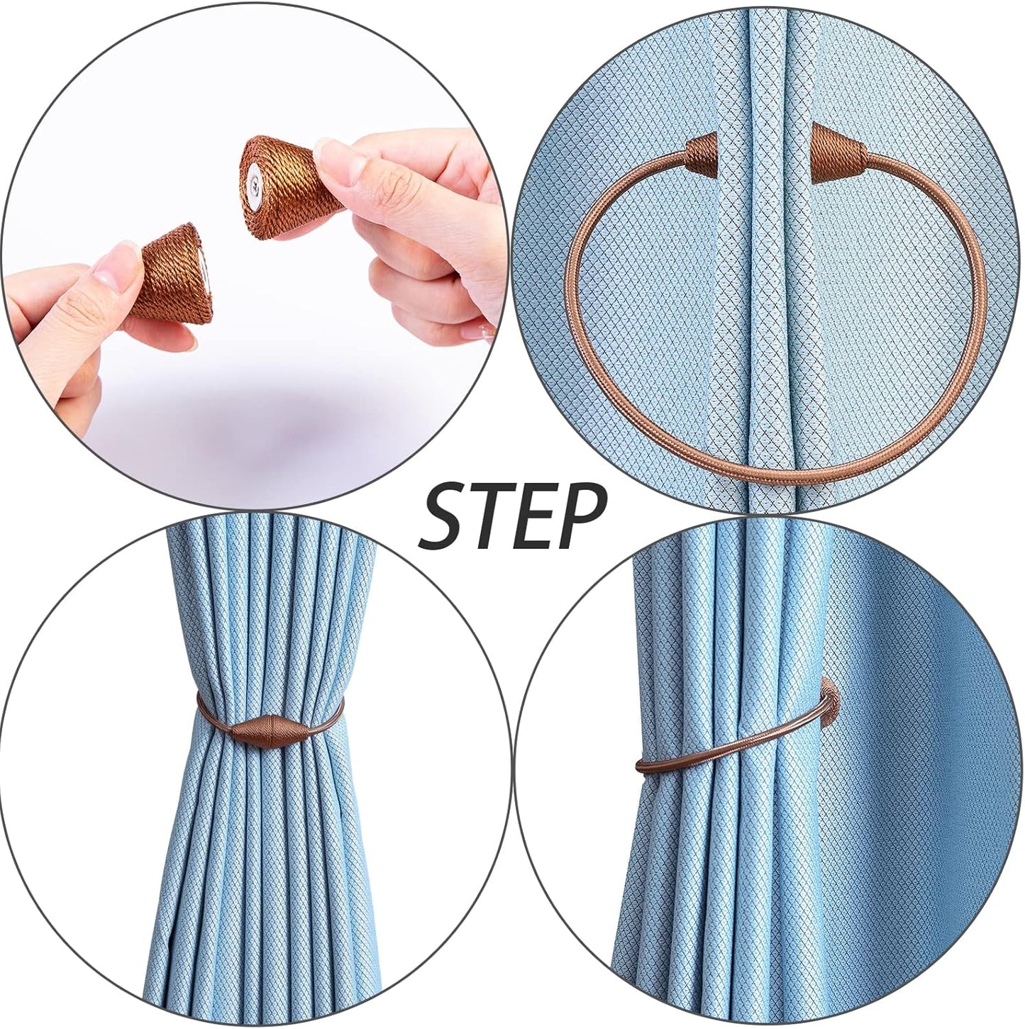 2 PCS Magnetic Curtain Tiebacks, European Style Convenient Drape Tie Backs Holdbacks for Thin or Thick Home & Office Window Draperies, No Tools Required（Light Coffee