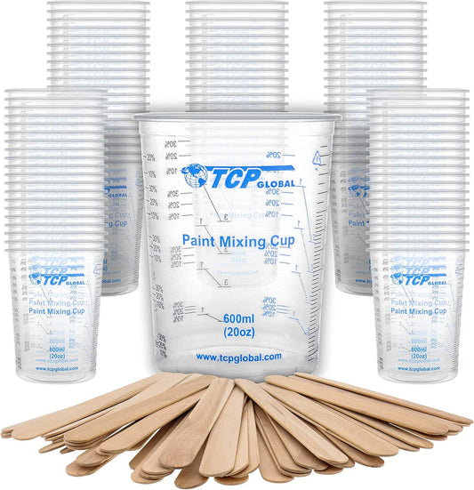TCP Global 20 oz. (600ml) Graduated Plastic Mixing Cups - Box of 100 with 50 Mixing Sticks - Disposable Plastic Measuring Cups for Liquids, Paints, Resin, Epoxy, Art, Kitchen - Ratios 2-1, 3-1, 4-1 ML