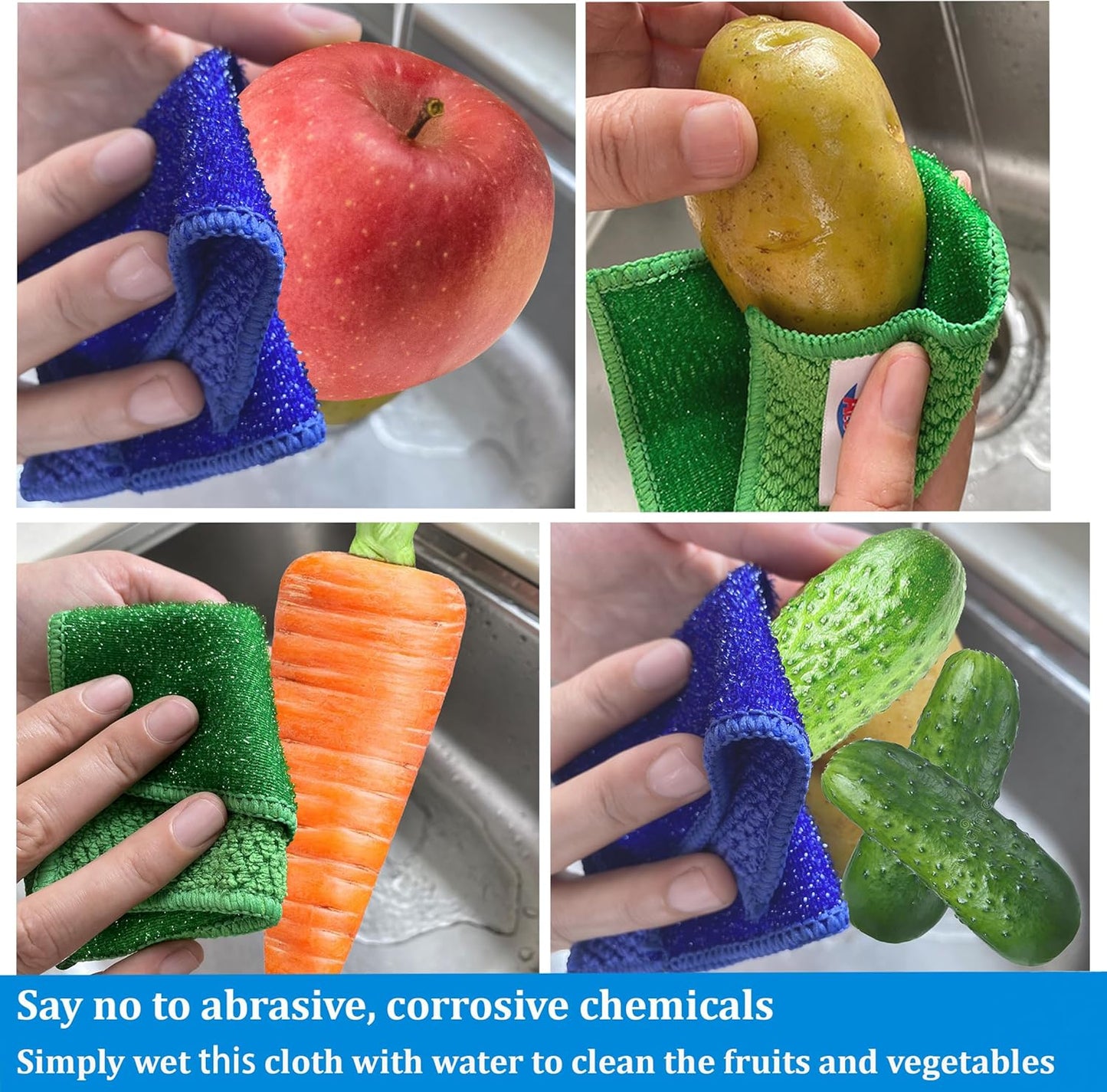 Microfiber Scrub Dish Cleaning Cloth, Non-Scratch, Reusable & Durable for Pan Pot Dish Cooktop Counter Kitchen Household, Machine Washable, 4-Pack, 11.5 x 11.5 inch, Blue & Green Color Assorted