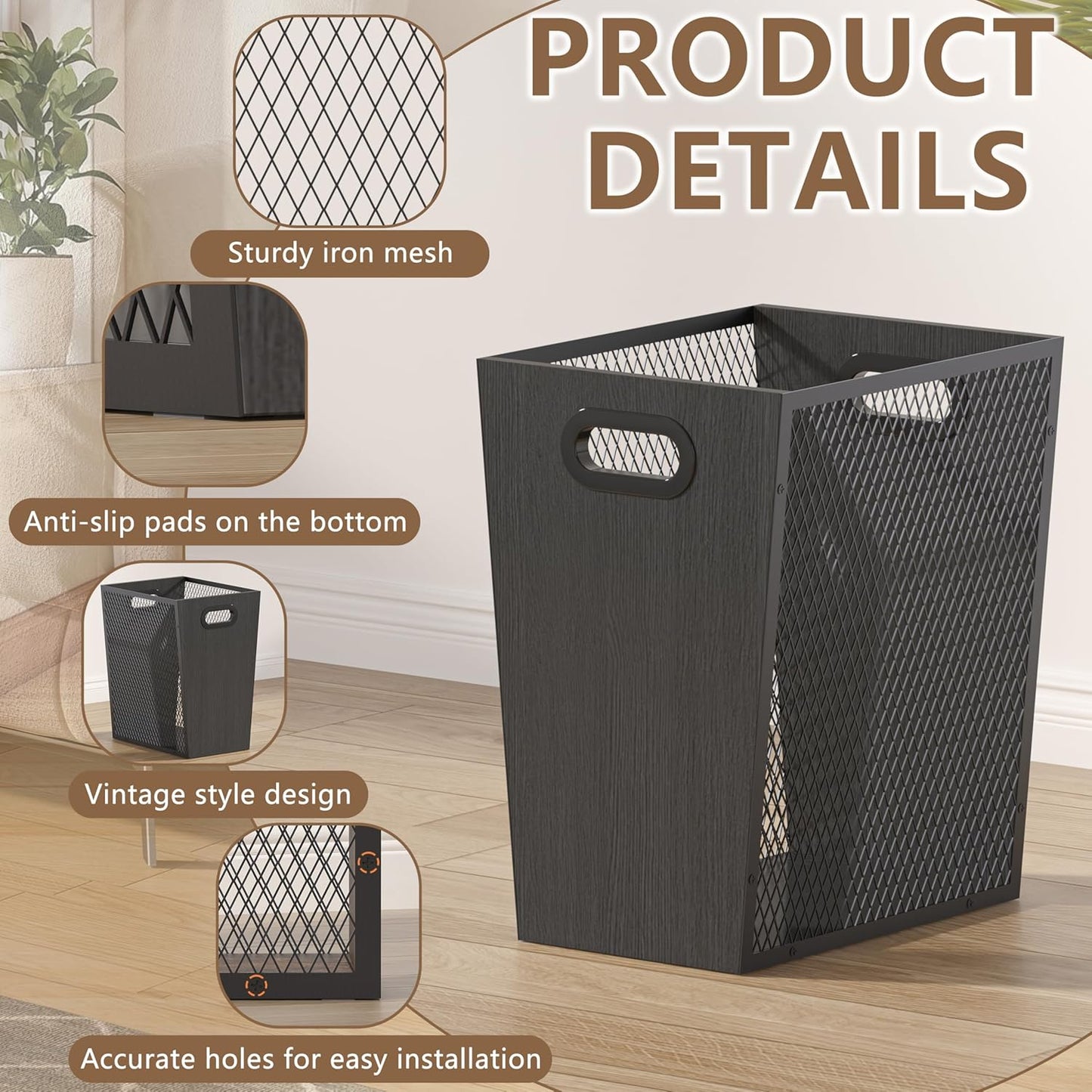 Piskyet Black Office Trash Can for Near Desk,7 Gallon Unique Wood Bedroom Garbage Can,Vintage Wastebasket with Handle, Decorative Trash Can for Home Office,12.2" L x 9.6" W x 14.9" H