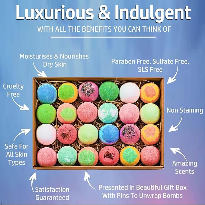 Bulk Bath Bombs Gift Set - 24 Nurture Me Organic Bath Bomb Kit - Moisturizing Bath Bombs Bath Gift Set – Best Birthday Gifts for Women, Mom, Girls, Teens, Her