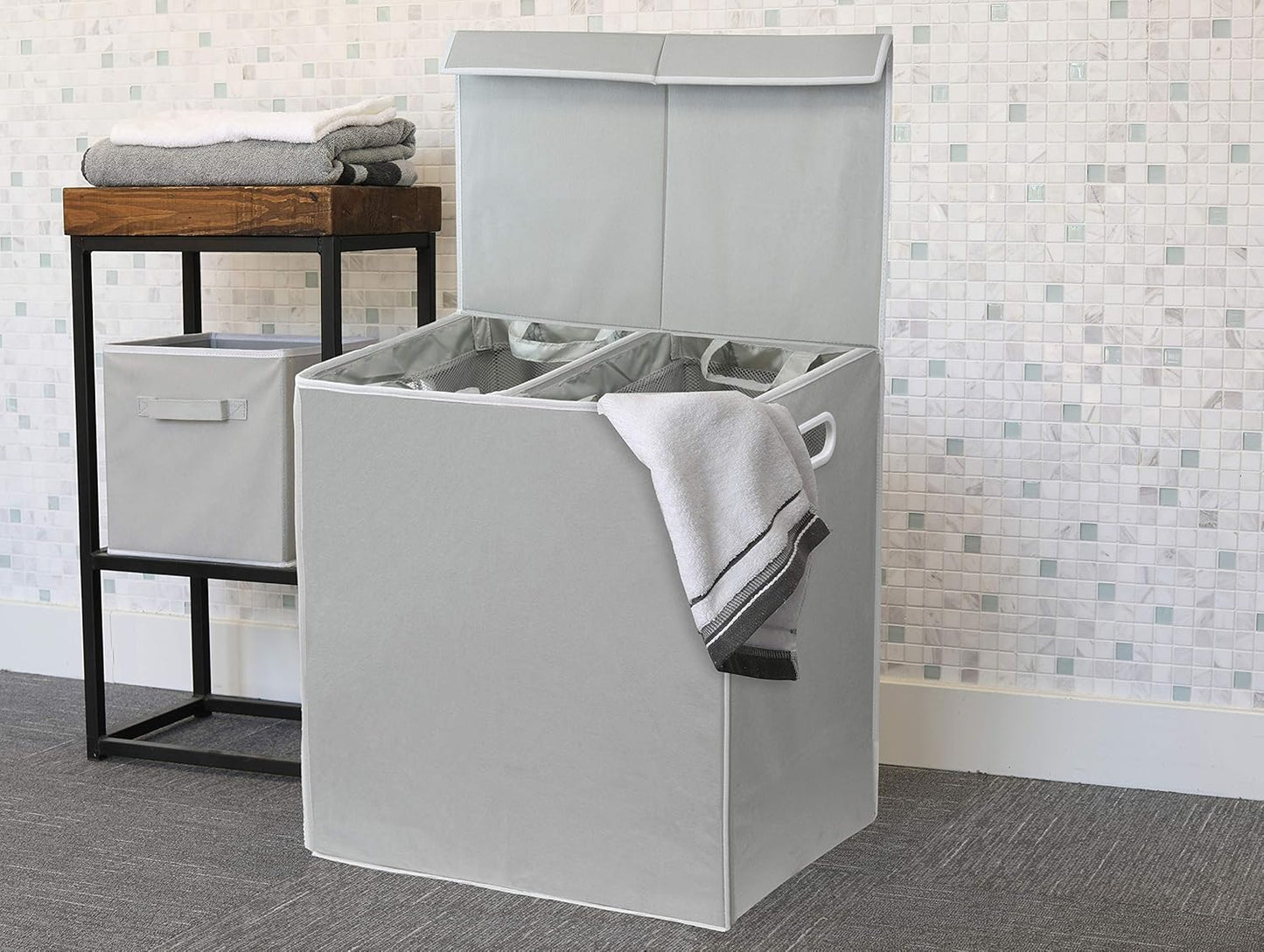 Simple Houseware Double Laundry Hamper with Lid and Removable Bags, Grey