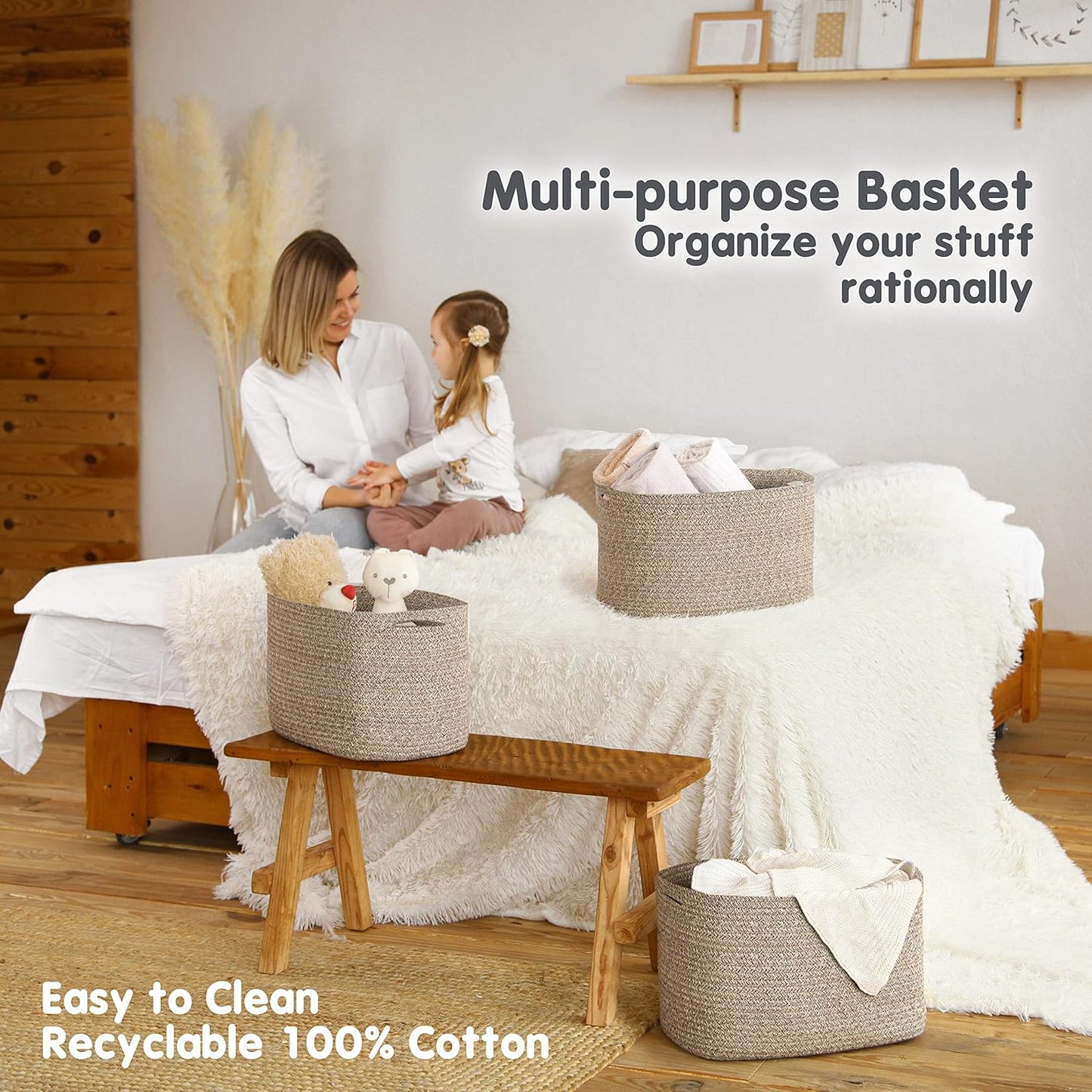 CHAT BLANC Cotton Rope Baskets for Organizing | Storage Baskets for Shelves | Rope Basket for Storage, Small Laundry Baskets, Woven Baskets for Storage, Dog Toy Bin, Baby Basket, Brown 3 Pack