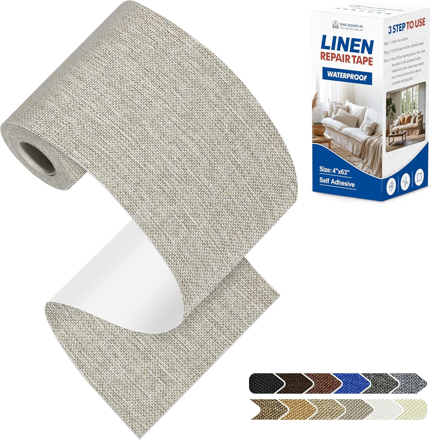 KING MOUNTAIN Linen Repair Patches, Self-Adhesive Fabric Patches, 4 X 63 inch Extra Size, Multi Color, Can be Used for Sofa Repair and Linen Clothes Repair (Cream-Gray 1.0)
