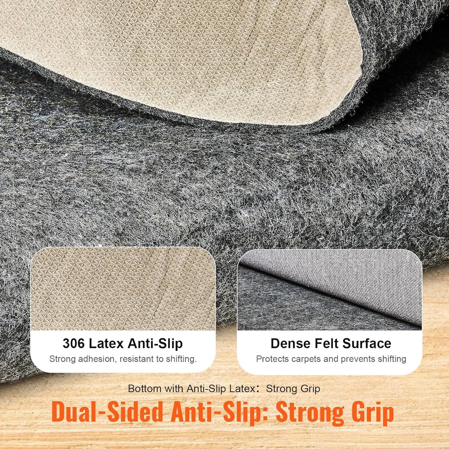VEVOR Slip-Resistant Rug Pad, Protective Cushioning Carpet Pad, 2'x8' (7.87' Actual) - 1/4"Thick - Dual Surface - Polyester Felt + Latex, 1-2㎡ Area Carpet Padding Rug Cushion Safe for All Floors, Grey