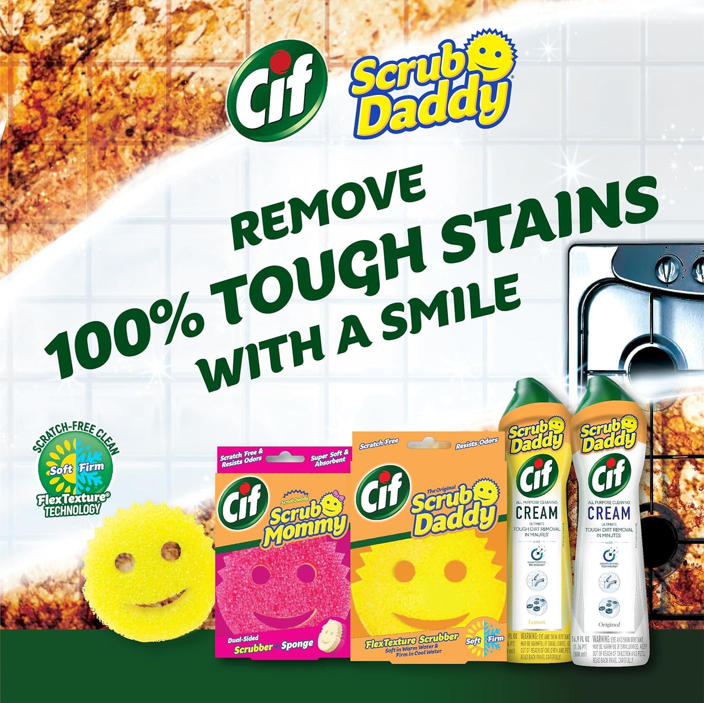 Scrub Daddy Sponges & Cif All Purpose Cleaner, Lemon - Non Scratch Sponges for Kitchen + Bathroom - Scrubber and Multipurpose Cleaner Cream - Cleaning Supplies Kit