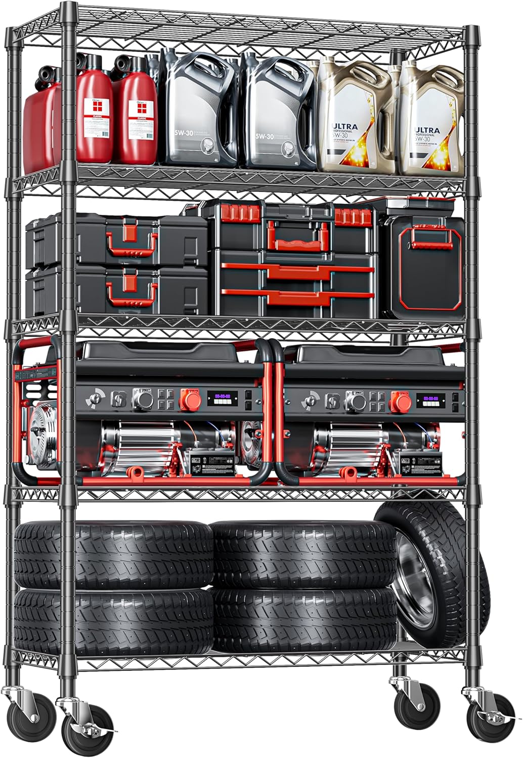 IZEUK 5-Tier Adjustable Heavy Duty Steel Wire Shelving Unit with Wheels, Storage Rack Organizer for Garage, Kitchen, Office, Laundry, Basement (Black, 17.7" D x 47.2" W x 76.7" H, 1750 lbs Capacity)