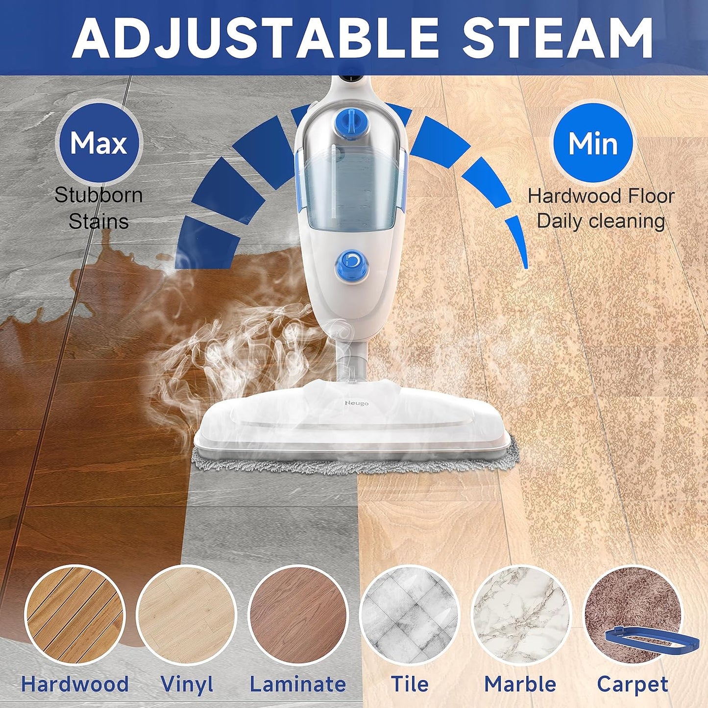 Steam Mop for Hardwood Floor Cleaning, Floor Steamer Cleaner Lightweight for Vinyl, Laminate, Carpet, Tile Hard Floors w/Adjustable Steam Modes & Height, 23ft Cord, 2 Washable Pad