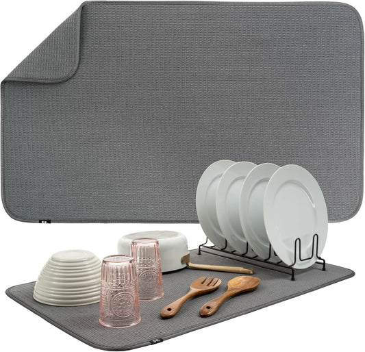 S&T INC. Dish Drying Mat Jumbo, 18” x 30”, Absorbent Microfiber Kitchen Counter Mat, Dish Drying Pad for Dishes, Utensils, Pots and Pans, Jumbo, Charcoal