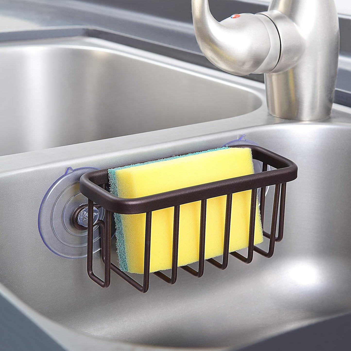 SunnyPoint NeverRust Kitchen & Bathroom Sink Caddy for Sponges, Scrubbers, Soap, 6" x 2.5" x 2.75", with Adhesive Mount - Additional Suction Cup Included –Aluminum (Oil Bronze, NOT Black)