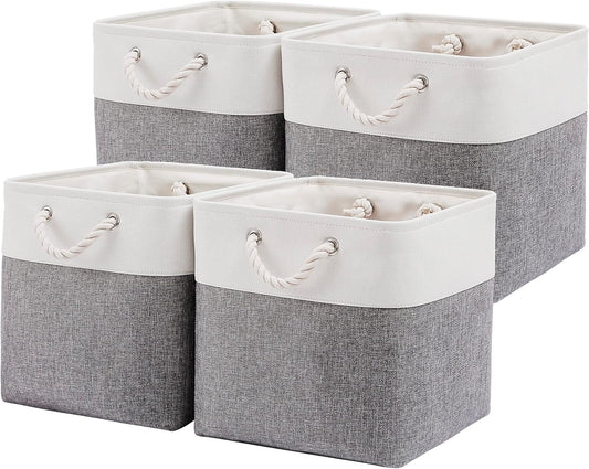 13 x 13 Inch Cube Storage Bins, 4 Pack Large Collapsible Fabric Storage Bin with Ropes, Foldable Storage Cubes for Home, Office,Closet, Clothes, Toys Organizer (White & Grey)