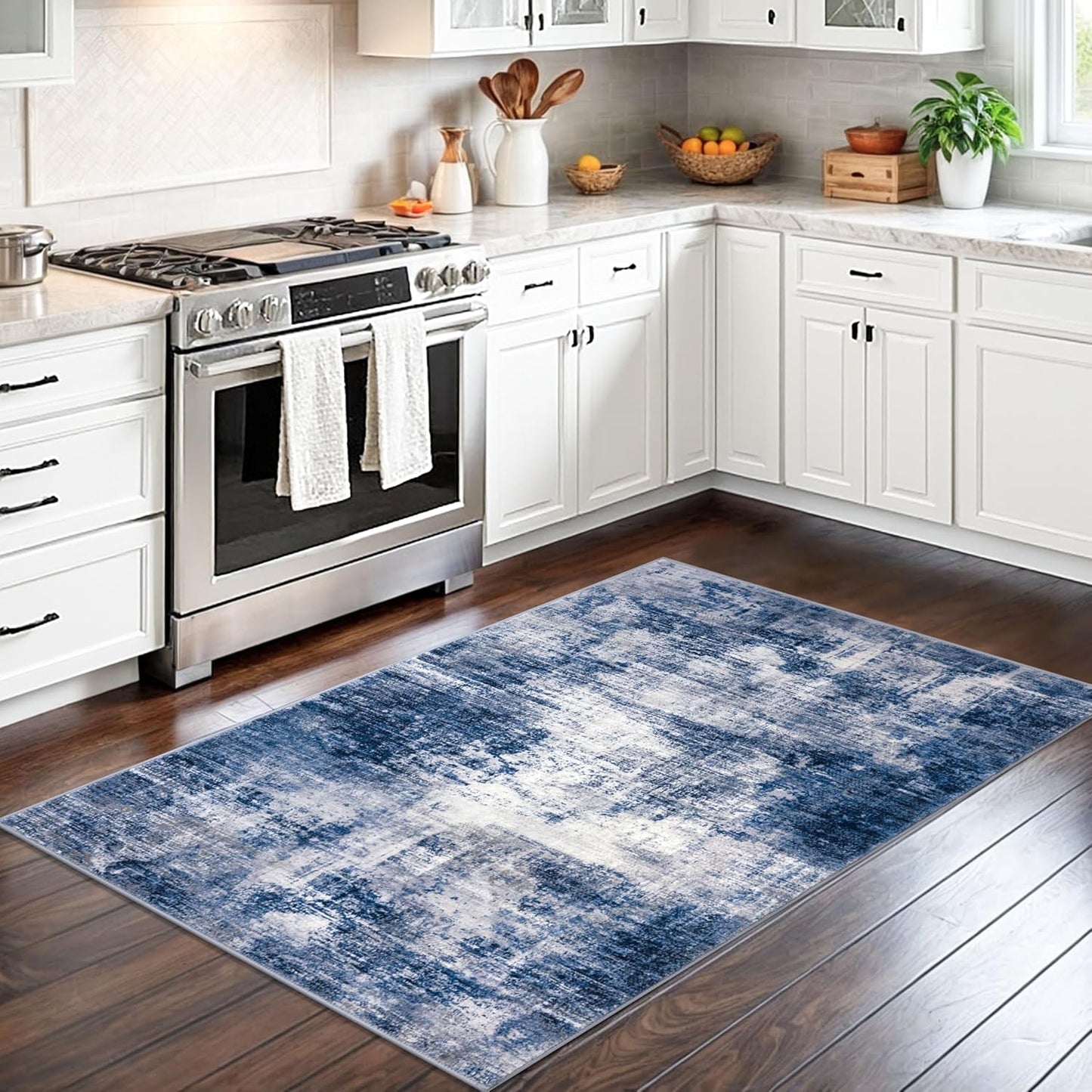 IOHOUZE Abstract Area Rug 3x5 Ft Washable Rugs for Entryway Indoor, Non Slip Kitchen Rug Printed Faux Wool Throw Rugs, Indoor Door Mat for Door Entrance Foyer Living Room, Navy/Grey