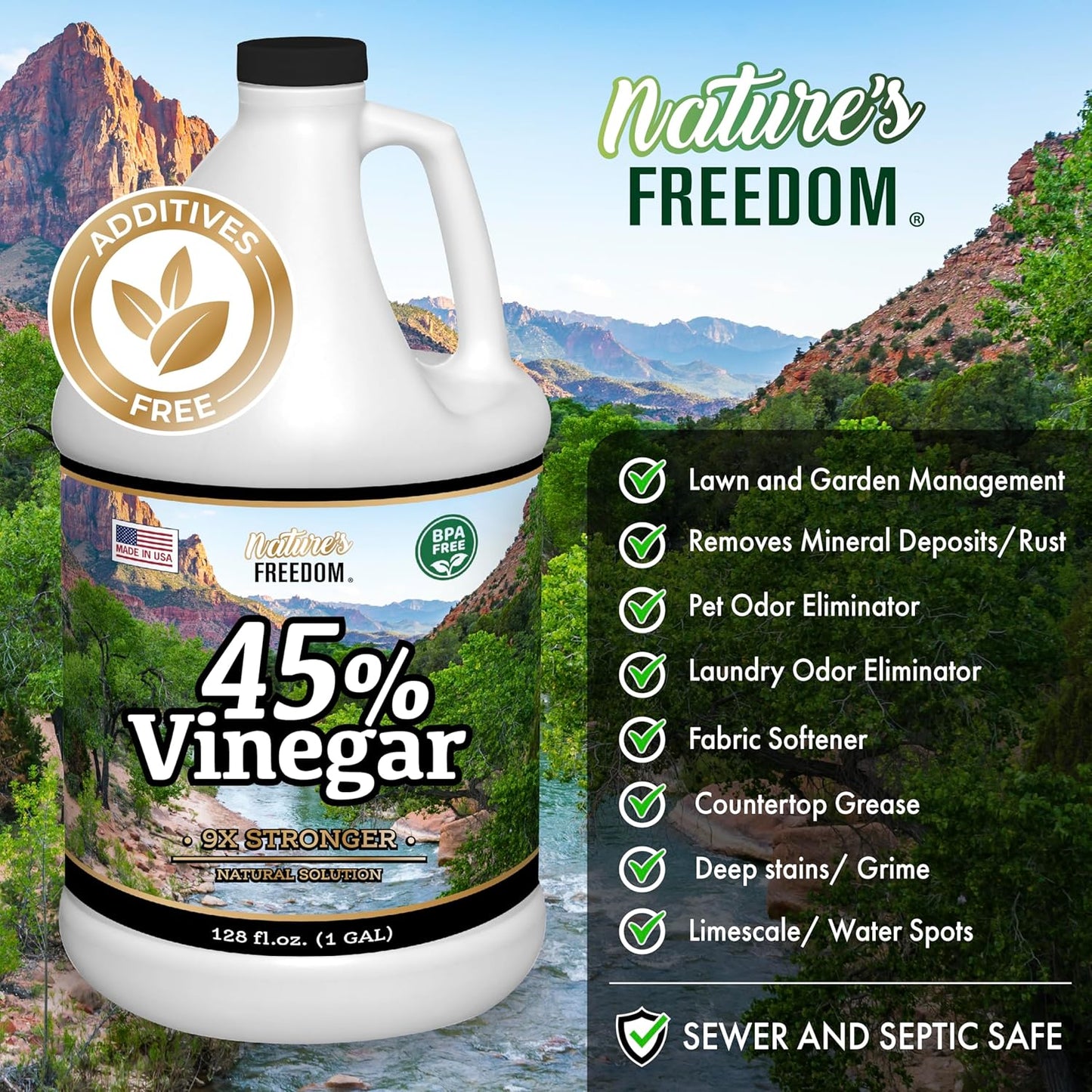 Nature's Freedom 45% Concentrated Vinegar, 1 Gallon - Dilutes to 9 Gallons - 9x Strength Multi-Purpose Solution