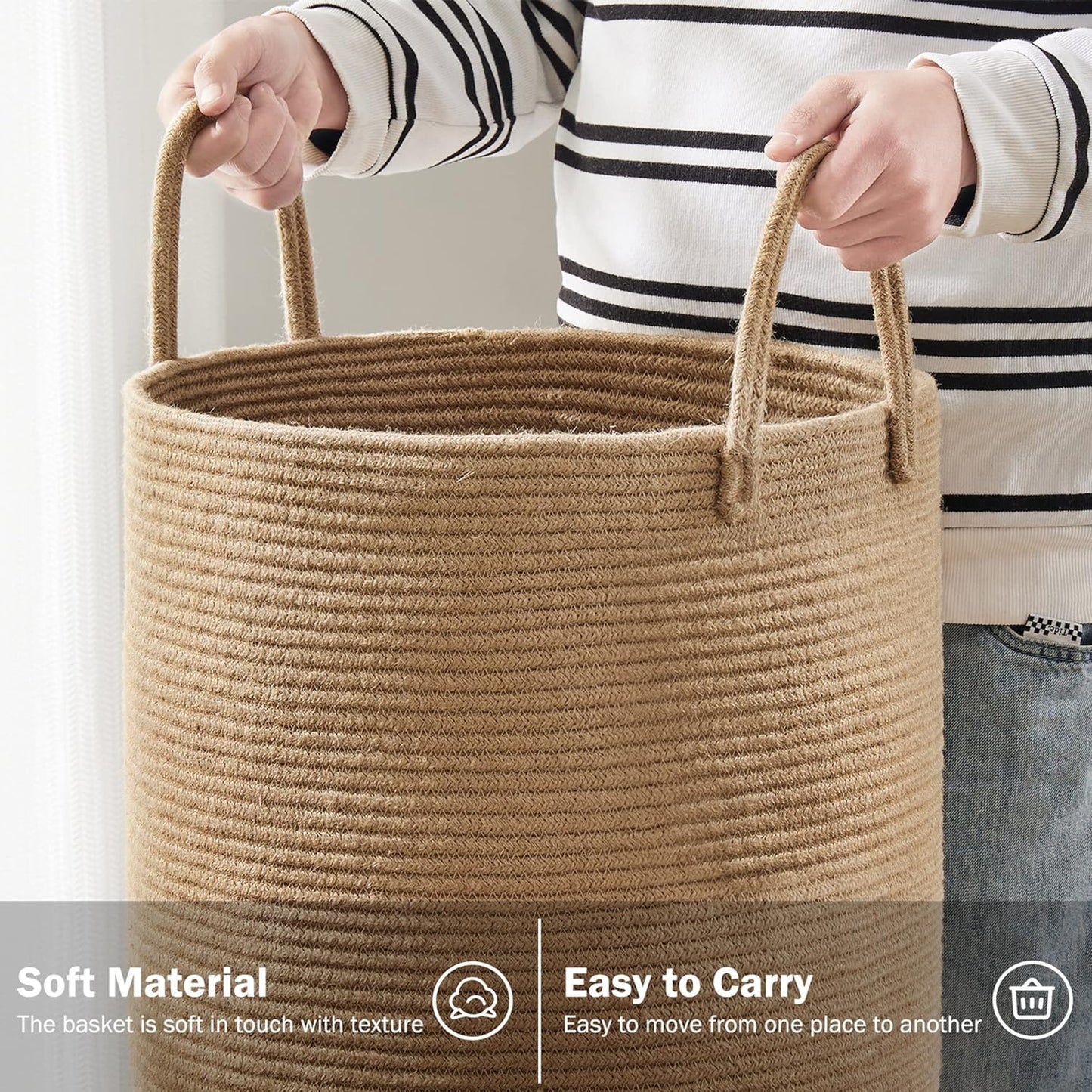 Jute Rope Laundry Hamper Basket by YOUDENOVA, 58L Tall Laundry Basket, Baby Nursery Hamper for Blanket Storage for Bedroom-Large-Jute
