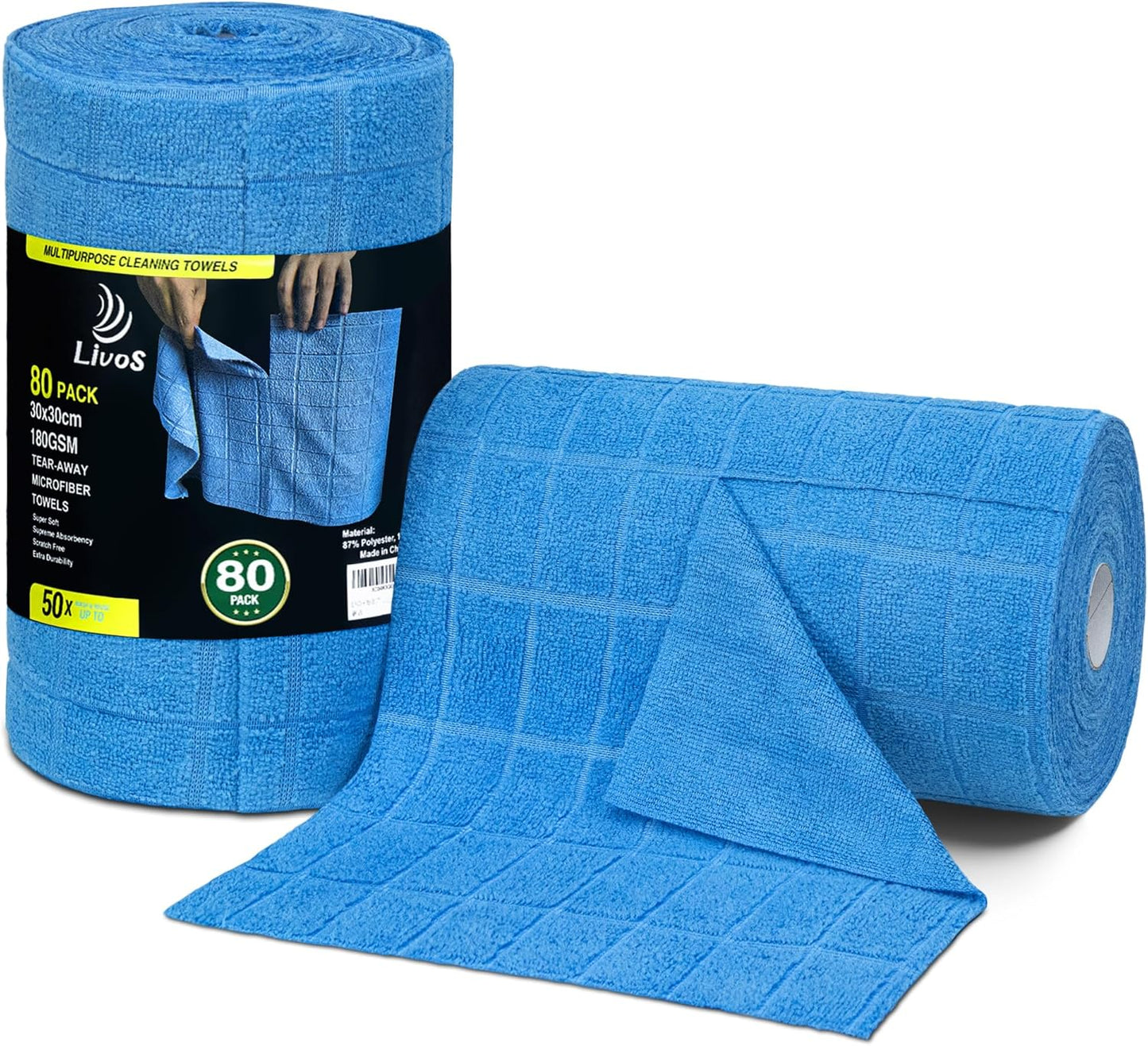 LIVOS Microfiber Cleaning Cloth Roll - 80 Pack, Reusable Paper Towels, Microfiber Towels for Cars, Super Absorbent Lint Free Cleaning Rags for House, Kitchen, Window-Check Blue, 11.5"x11.5"