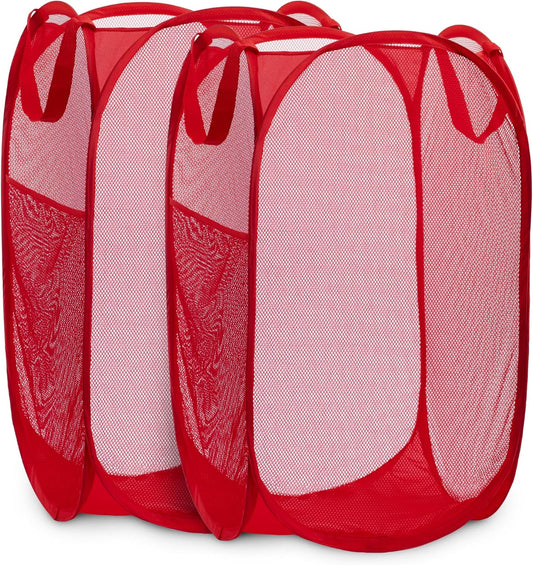 Handy Laundry Collapsible Mesh Pop Up Hamper with Wide Opening and Side Pocket - Breathable, Sturdy, Foldable, and Space-Saving Design for Clothes and Storage (Red | 2-Pack)